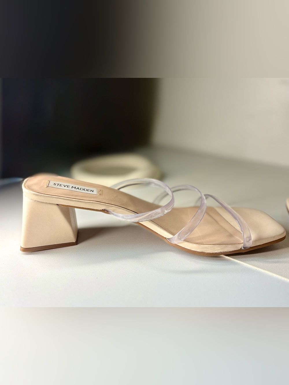 Steve Madden Nude Footbed Clear Strap Block Heel Sandals